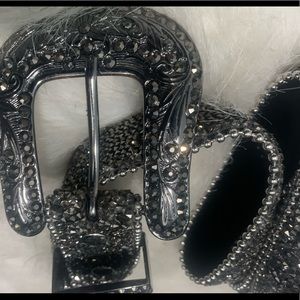 Black silver leather sparkle designer belt